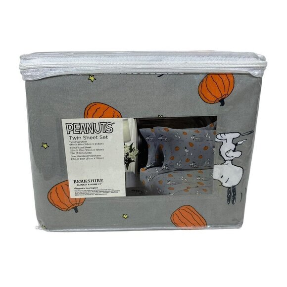 Berkshire Peanuts Twin Bed Sheet Set 4pc Halloween Snoopy Pumpkins Scary Ghost - Picture 2 of 5